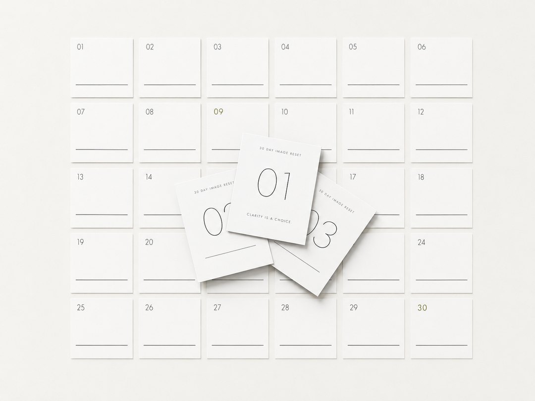 Las treinta tarjetas del 30 DAY IMAGE RESET™ en retícula, con tres levantadas al frente.